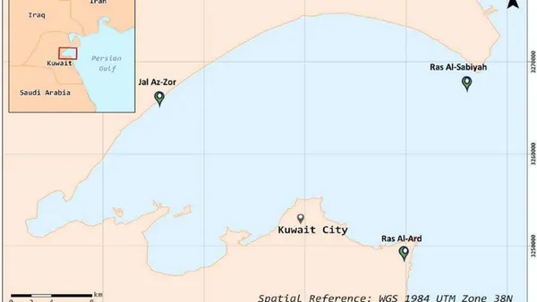 Long Term Shoreline Change Analysis and Forecasting in Kuwait Bay via NDWI and DSAS